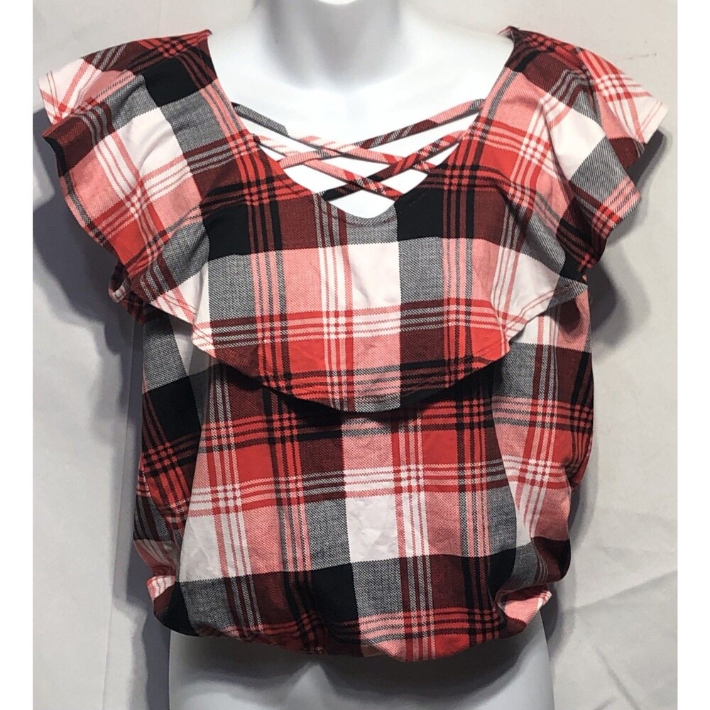 Face kisses Ruffles Sleeveless  Top M Red Plaid Tartan Cottage western country